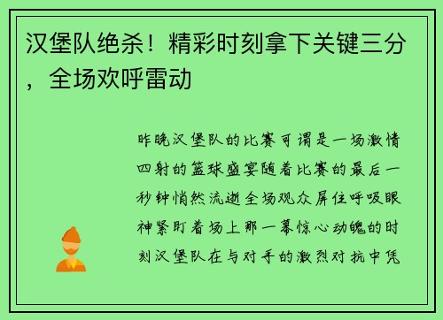 汉堡队绝杀！精彩时刻拿下关键三分，全场欢呼雷动