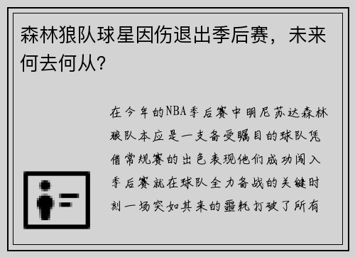 森林狼队球星因伤退出季后赛，未来何去何从？