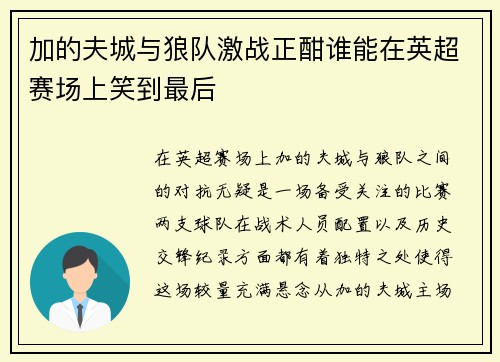 加的夫城与狼队激战正酣谁能在英超赛场上笑到最后