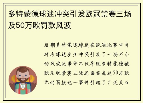多特蒙德球迷冲突引发欧冠禁赛三场及50万欧罚款风波