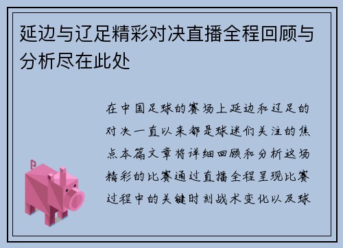 延边与辽足精彩对决直播全程回顾与分析尽在此处