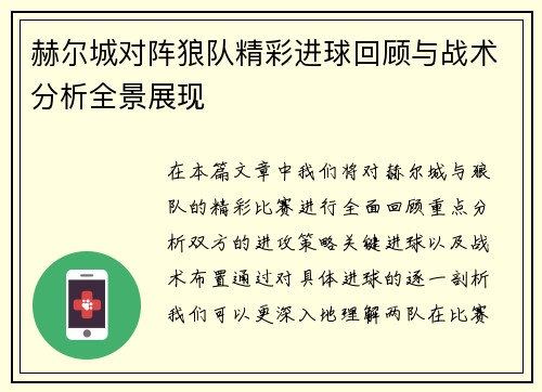 赫尔城对阵狼队精彩进球回顾与战术分析全景展现