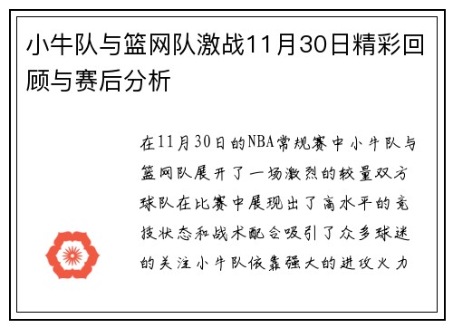 小牛队与篮网队激战11月30日精彩回顾与赛后分析