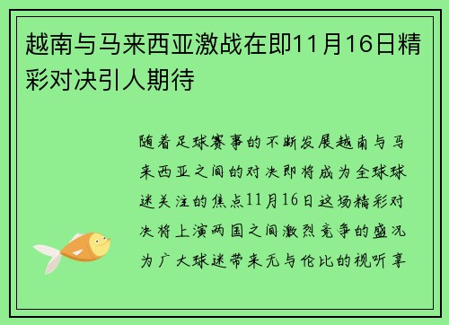 越南与马来西亚激战在即11月16日精彩对决引人期待
