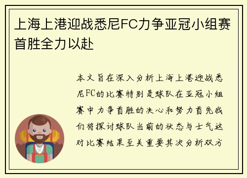 上海上港迎战悉尼FC力争亚冠小组赛首胜全力以赴