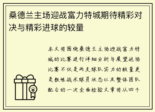 桑德兰主场迎战富力特城期待精彩对决与精彩进球的较量