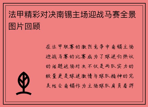 法甲精彩对决南锡主场迎战马赛全景图片回顾