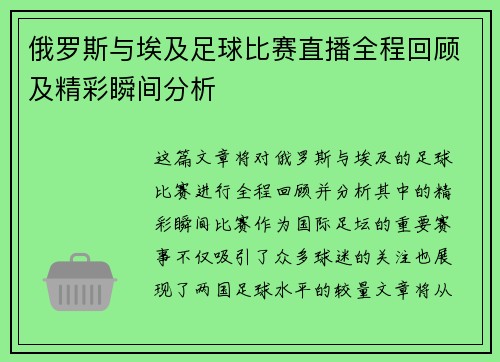 俄罗斯与埃及足球比赛直播全程回顾及精彩瞬间分析
