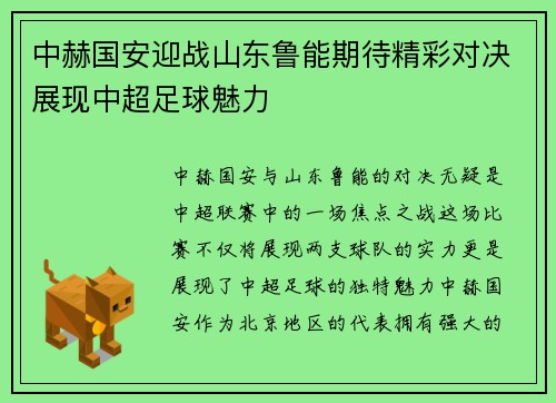 中赫国安迎战山东鲁能期待精彩对决展现中超足球魅力