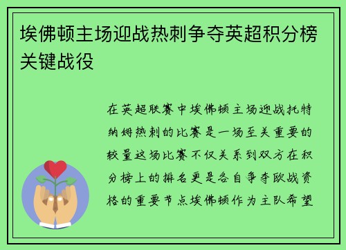 埃佛顿主场迎战热刺争夺英超积分榜关键战役