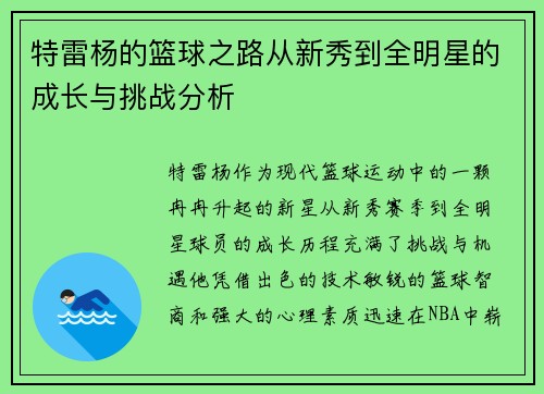 特雷杨的篮球之路从新秀到全明星的成长与挑战分析